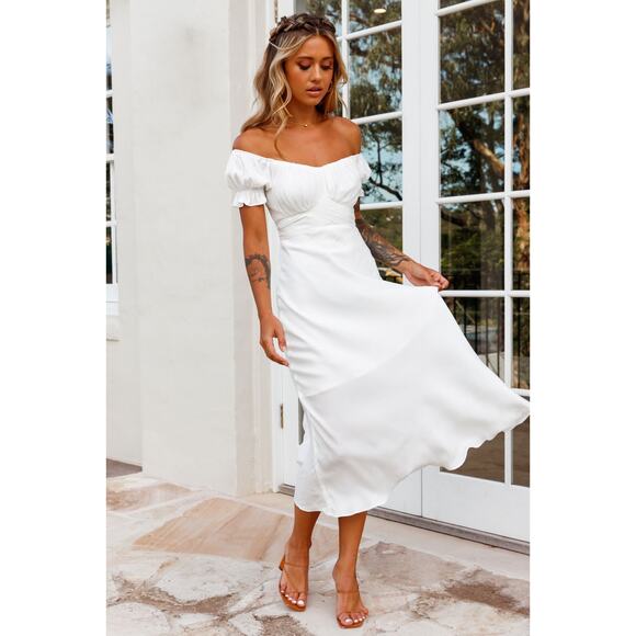 Selfie Leslie Dresses & Skirts - Selfie Leslie Linka Off Shoulder White Midi Dress Puff Sleeve XL Cottagecore EUC